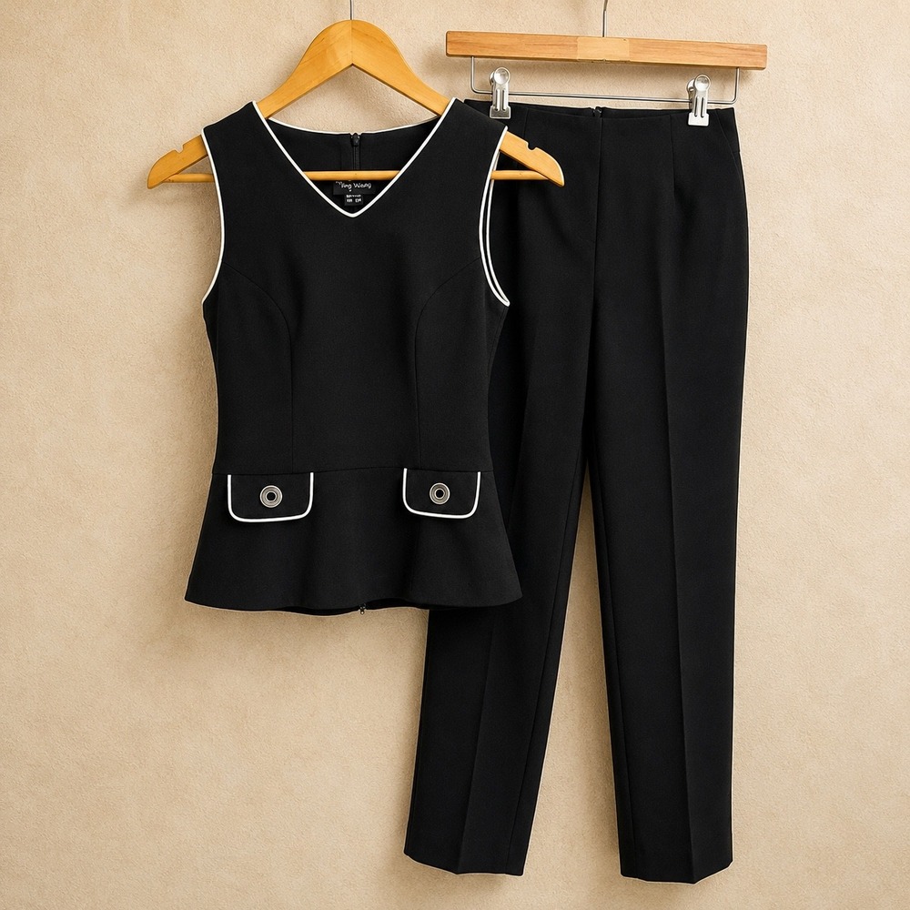 My Michelle 2 Pc Pant Suit Set Black Peplum Top Trousers VTG 90s Y2K Size 3/4